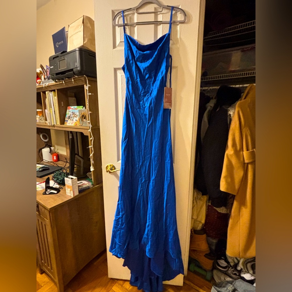 Stacees royal blue satin dress, size 0, with tags.